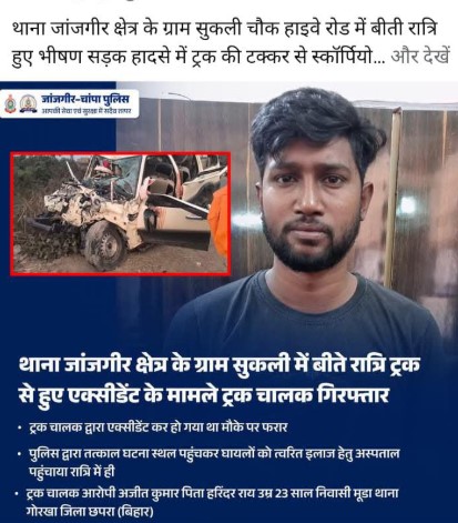 थाना जांजगीर क्षेत्र के ग्राम सुकली चौक हाइवे रोड में बीते रात्रि ट्रक से हुए एक्सीडेंट के मामले ट्रक चालक गिरफ्तार