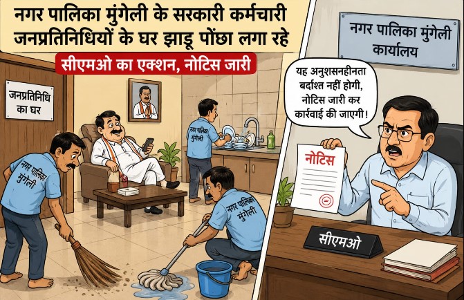 नगर पालिका मुंगेली के सरकारी कर्मचारी जनप्रतिनिधियों के घरों में झाड़ू-पोछा और बर्तन धो रहे हैं, सीएमओ ने कहा- नोटिस जारी कर होगी कार्रवाई