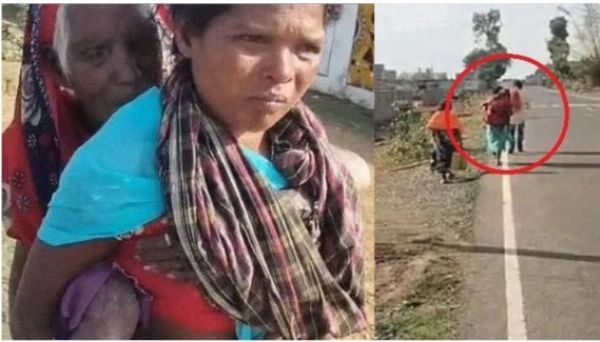 भावुक कर देने वाली तस्वीर: 90 वर्षीय बुजुर्ग को पीठ पर उठाकर बैंक पहुंची बहू, 500 रुपये की पेंशन लेने तय करनी पड़ी कई किमी की दूरी