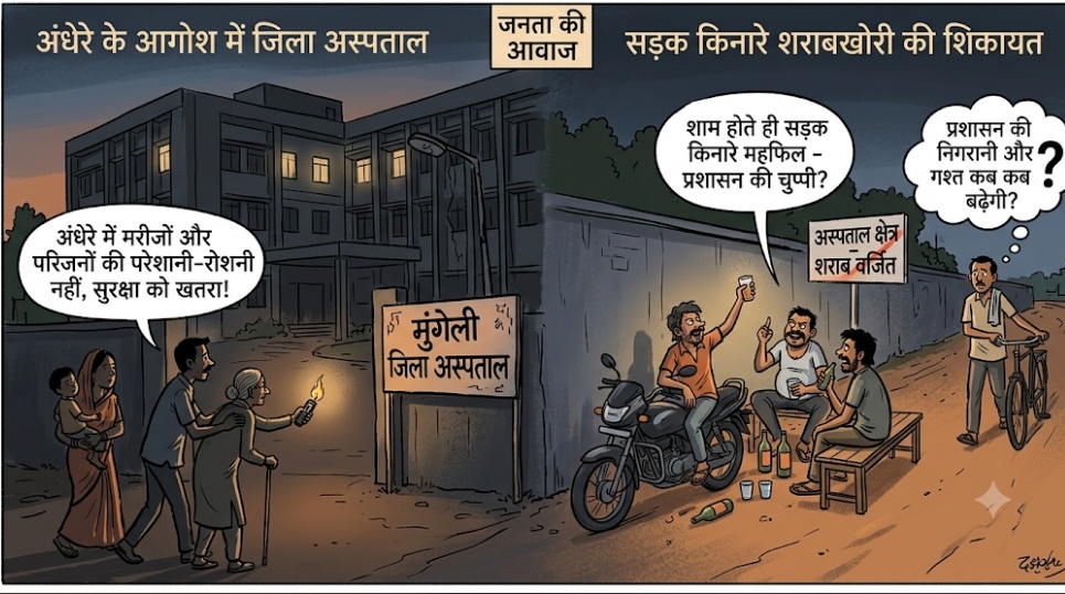 मुंगेली जिला अस्पताल अंधेरे के आगोश में, बाहर सड़क किनारे शराबखोरी की शिकायत